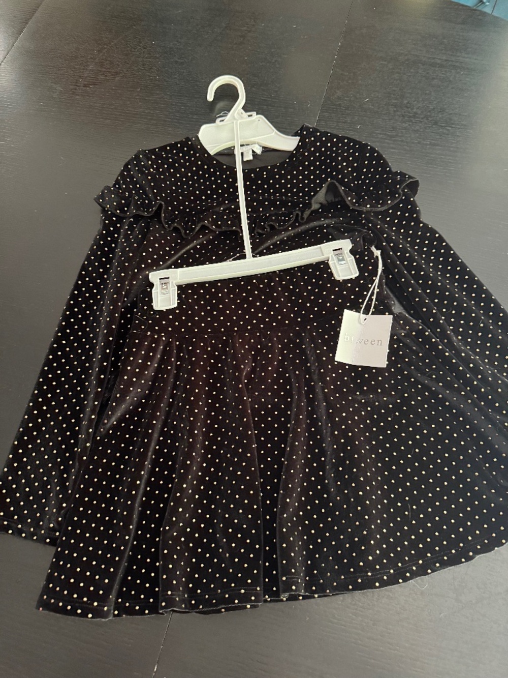 Between Kids Black Velvet Gold Polka Dot Dress NWT Size 8